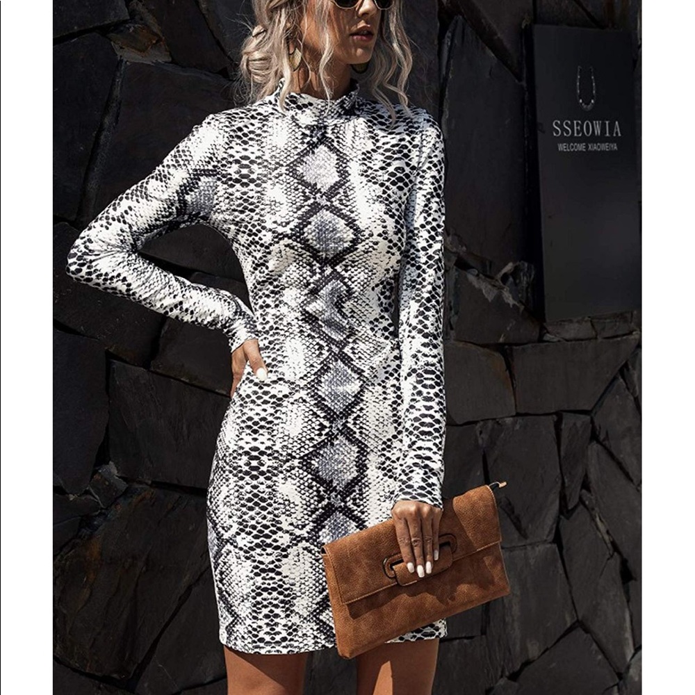 Bodycon Snakeskin Print High Neck Dress